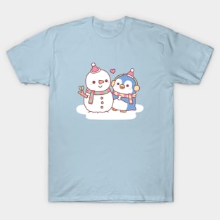 Cute Penguin Building A Snowman T-Shirt